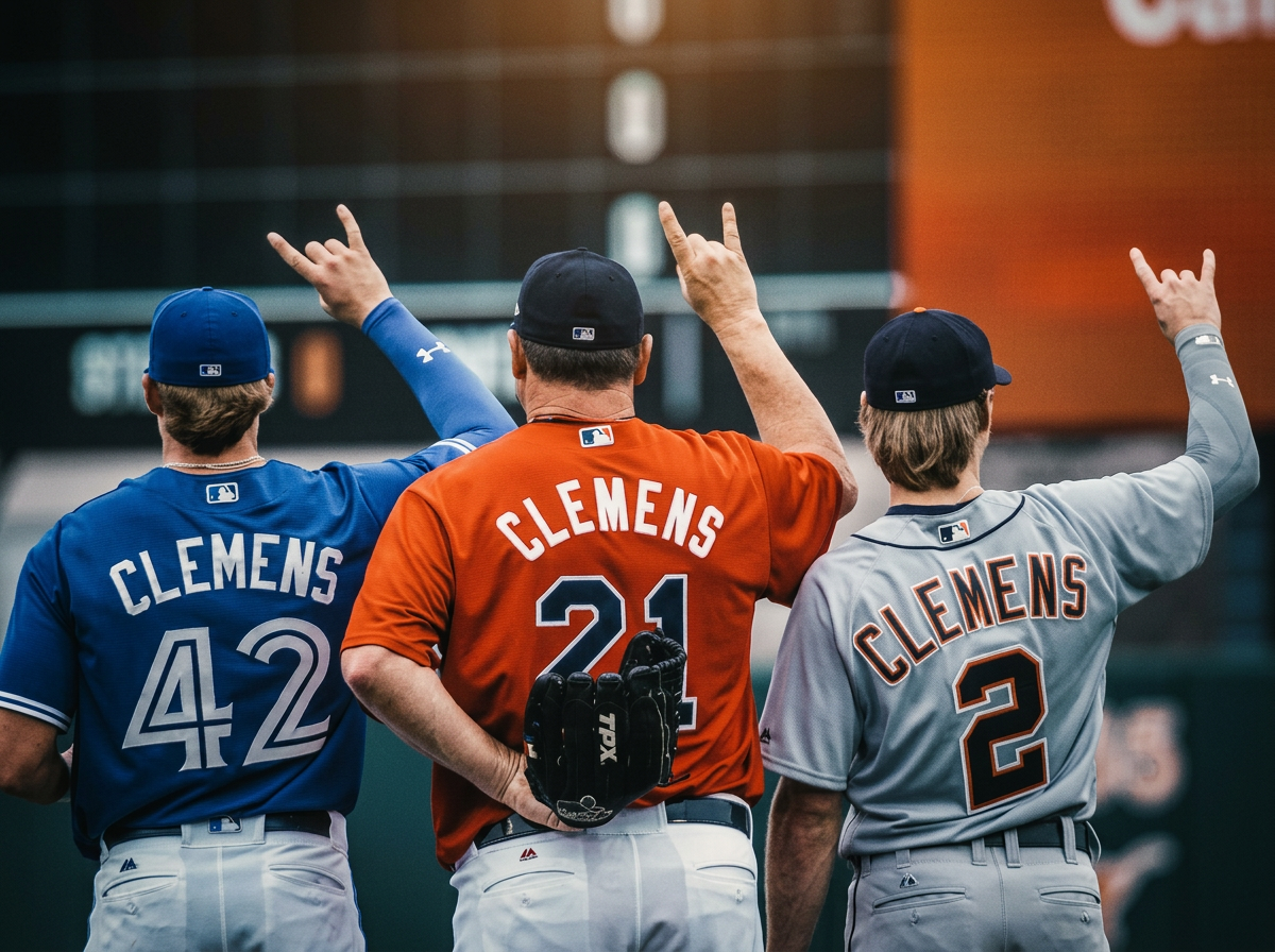 The Clemens family — Kacy, Roger, Koby, and Kody — saluting from the field