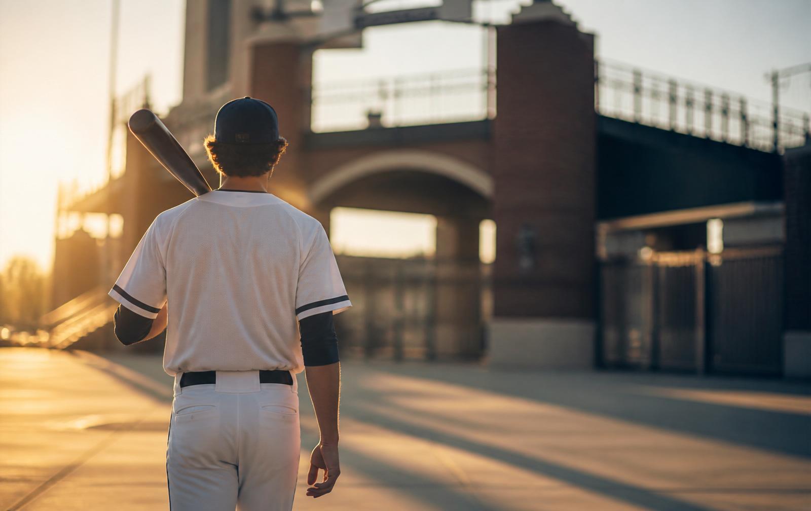 Young baseball player with bat over shoulder walking toward a stadium entrance at golden hour