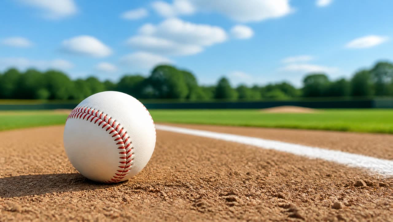 Baseball on the mound under stadium lights at dusk