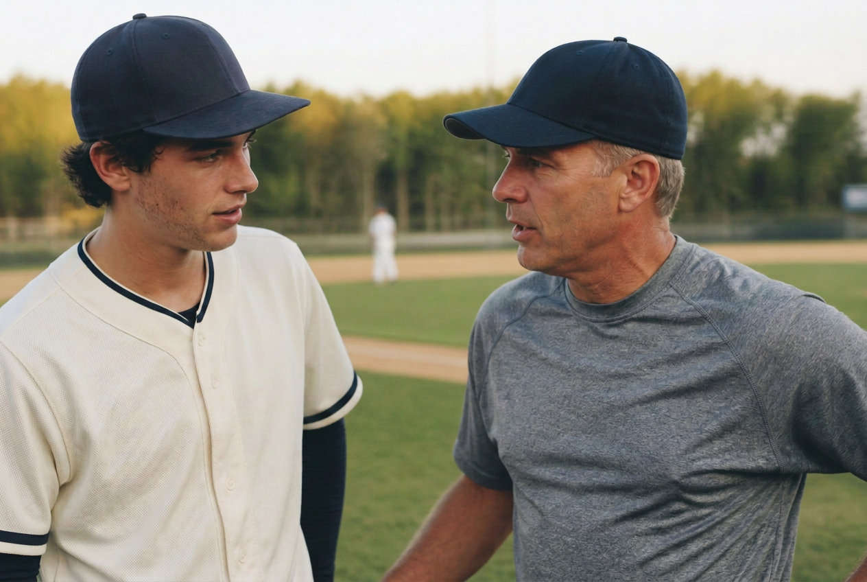 Coach shaking hands with a young baseball player on a sunny field