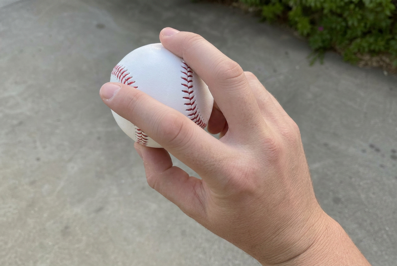 Close-up of a sweeper grip, with fingers spread slightly wider than a standard slider