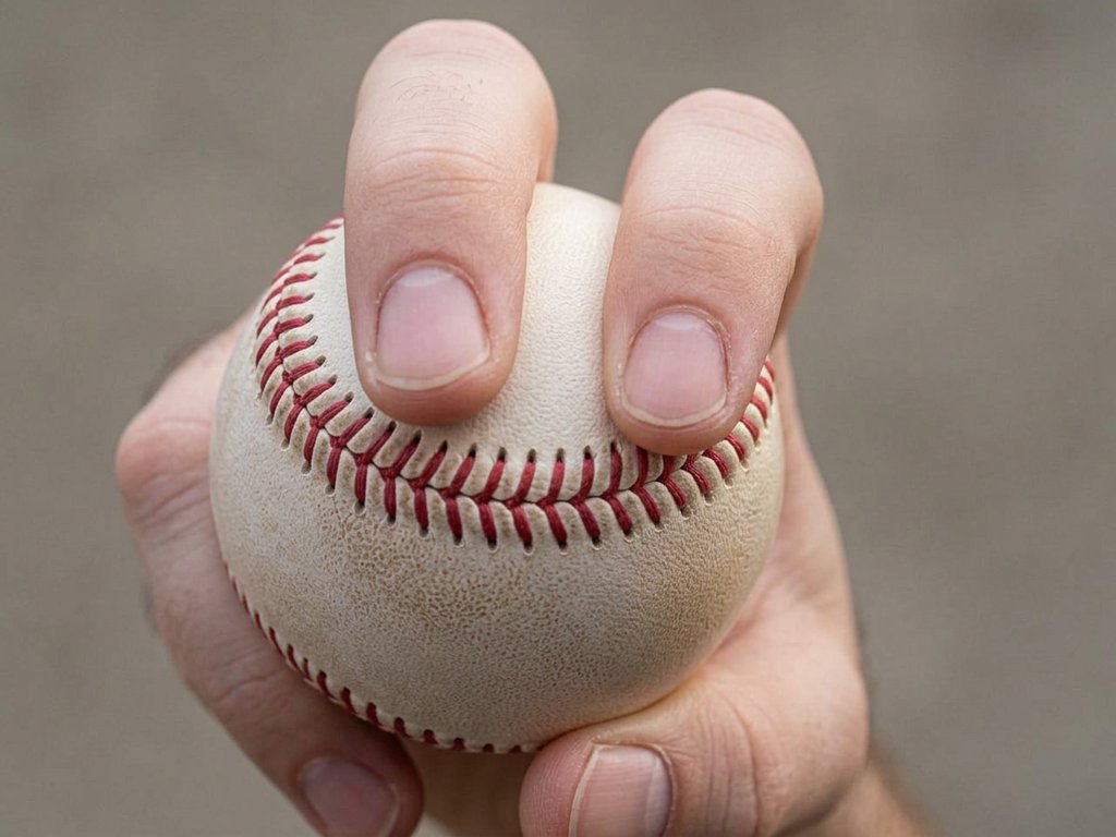Close-up of a hand holding a baseball in a four-seam fastball grip, index and middle fingers across the horseshoe seams