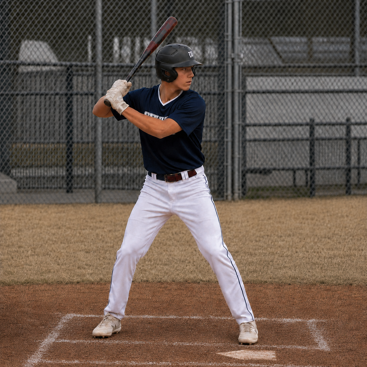 Teenage hitter in a balanced athletic stance at home plate, bat held near the back shoulder