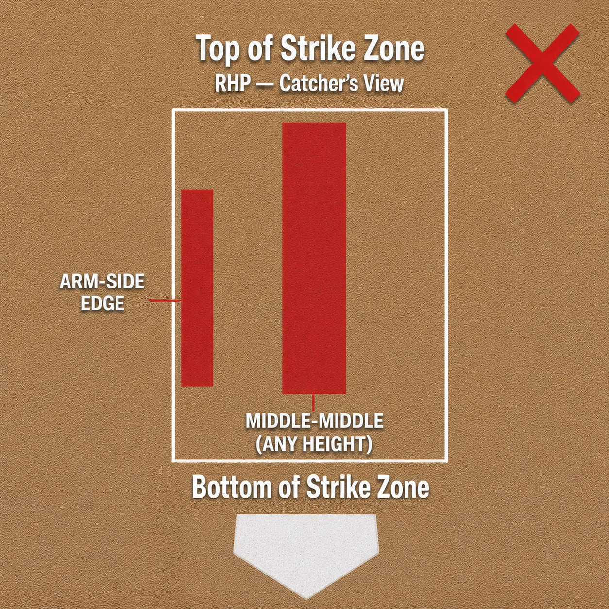 Strike zone diagram showing the wrong slider targets: middle-middle and the arm-side edge