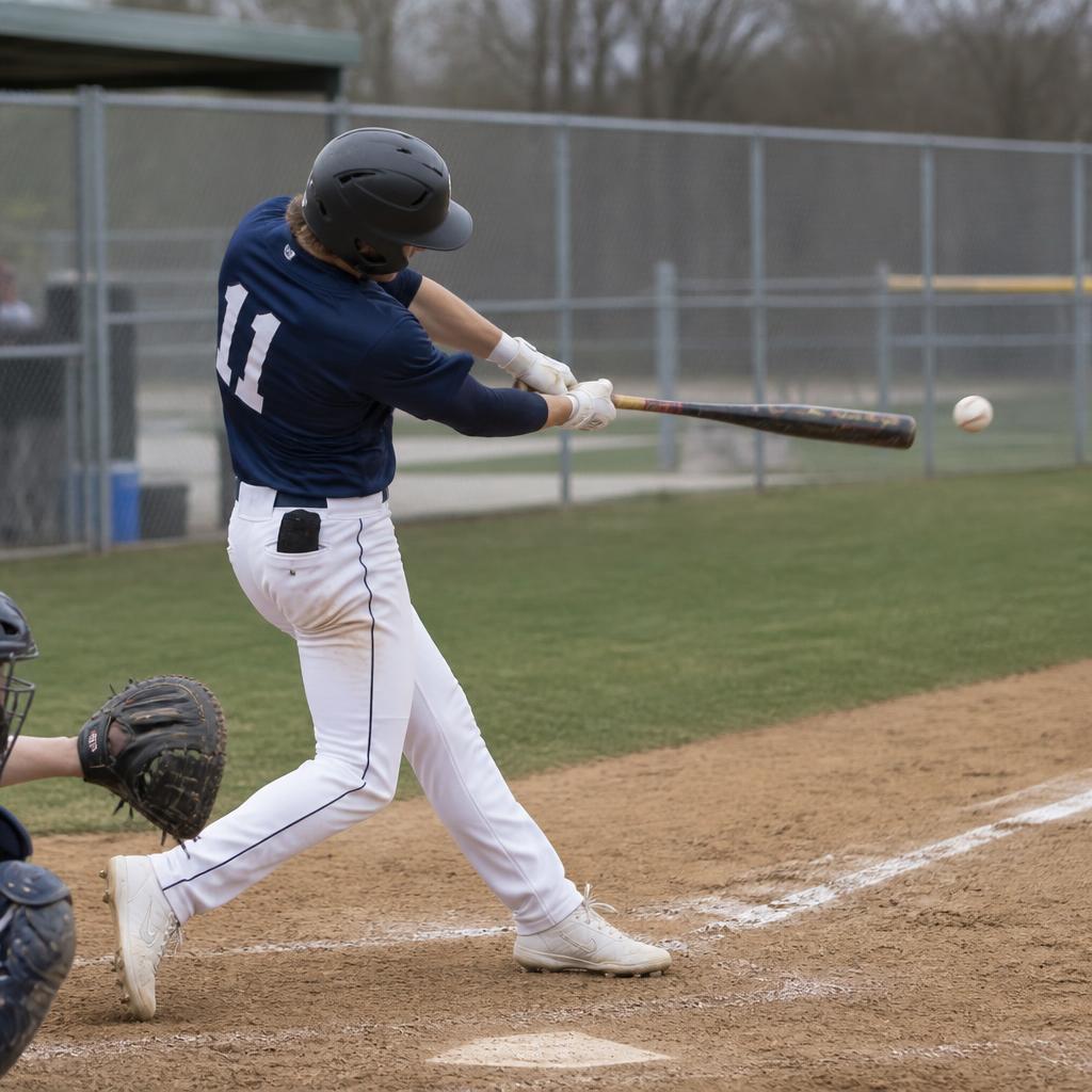 Teenage hitter from a slightly different angle as the ball releases off the barrel out in front of the plate